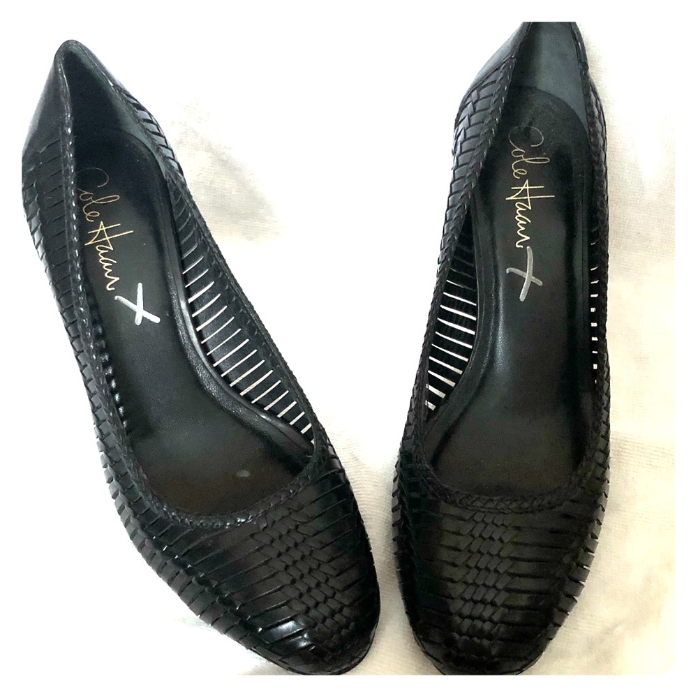 Cole Haan, black, woven leather heels